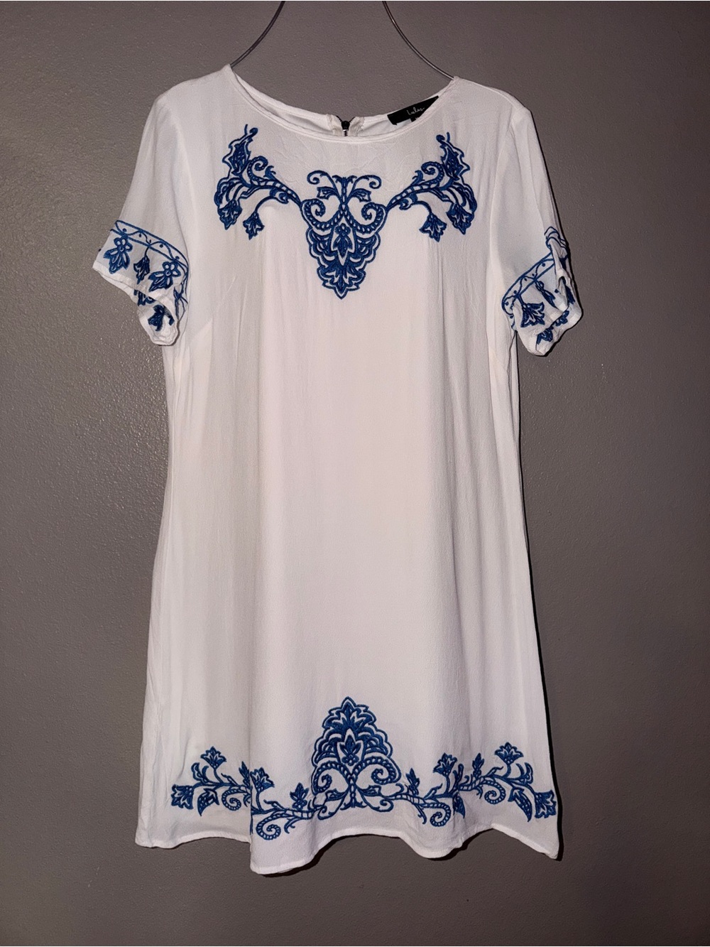Lulu's White Mini Dress with Blue Embroidered Motifs